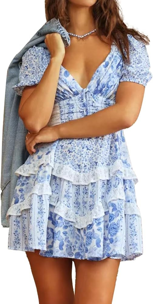 Women Floral Mini Dress Puff Sleeve V Neck Lace Patchwork Ruffle Tiered Backless Dress Senior Pic... | Amazon (US)