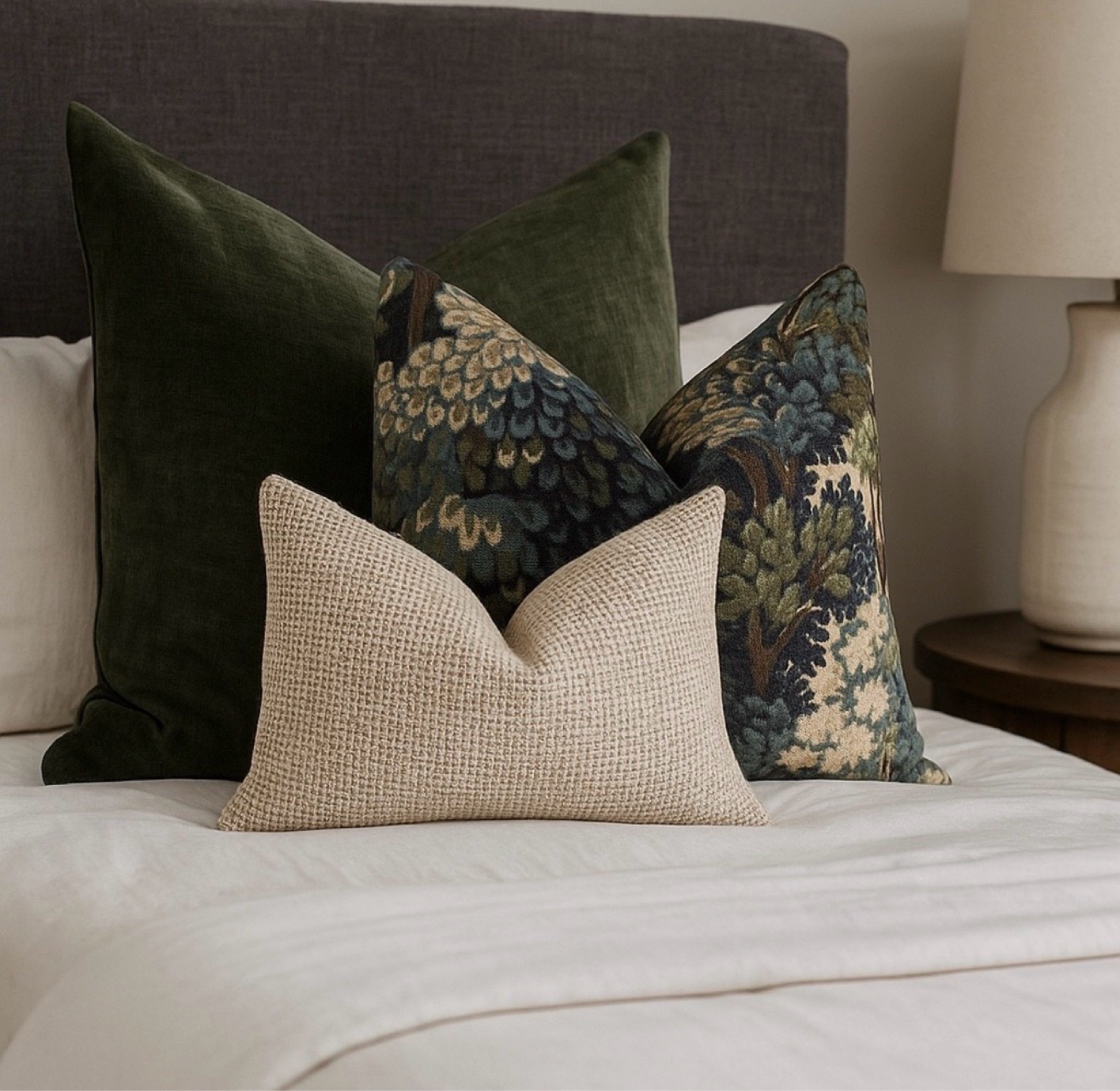 Elevate your bedroom with this timeless pillow trio 🌿✨ Deep olive green, vintage tapestry, and soft textured neutral, layered to create the perfect blend of cozy and classic. A subtle statement for old-world charm lovers 💫 

#PillowGoals #CozyVibes #BedroomInspo #OldWorldStyle #InteriorDetails

#LTKSummerEdit #LTKStyleTip

#LTKSaleAlert #LTKHome #LTKselfcare