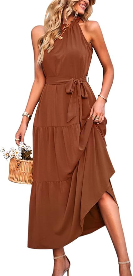 PRETTYGARDEN Women's Summer Floral Maxi Sun Dress Sleeveless Halter Neck Flowy Ruffle Hem Long Bo... | Amazon (US)