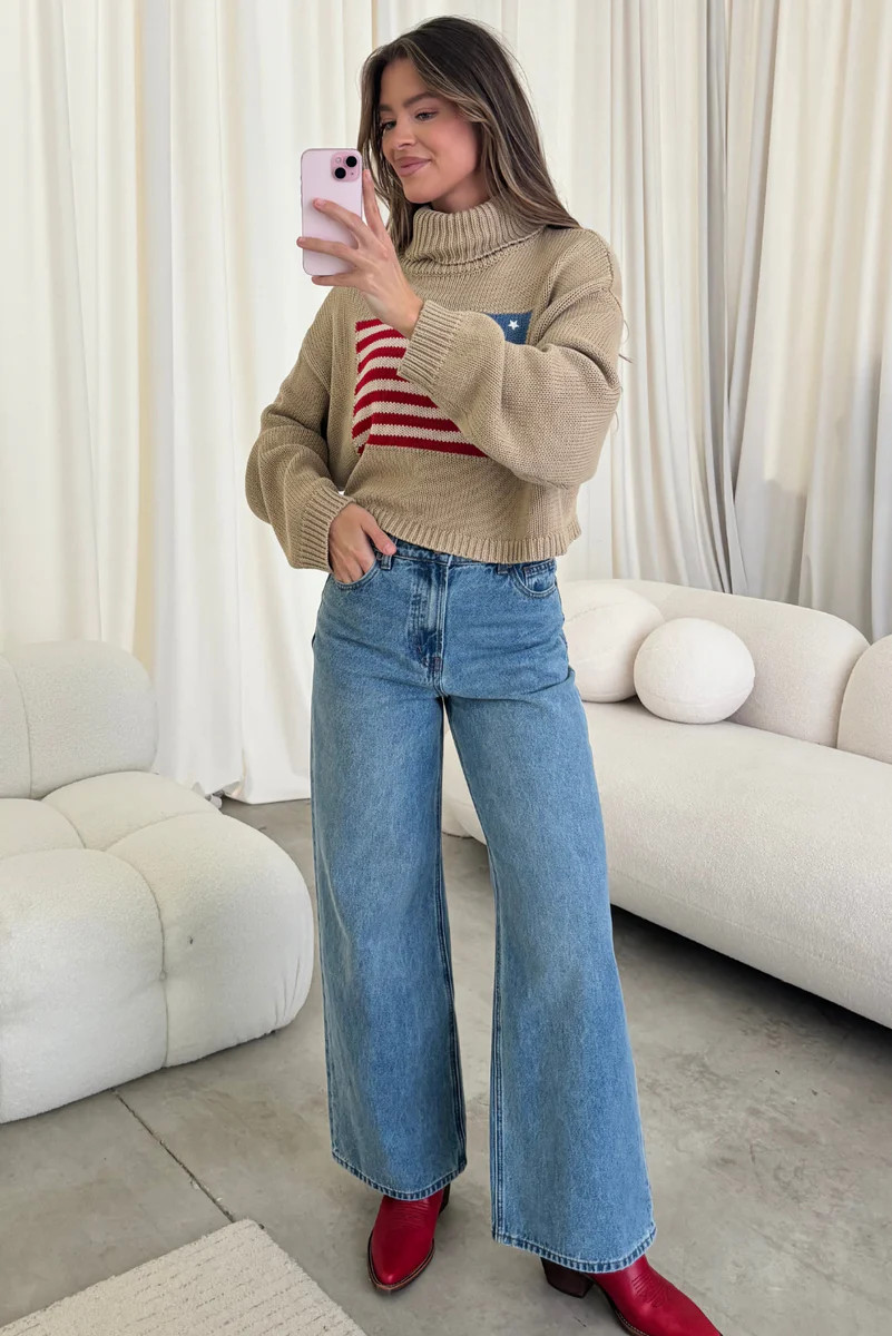 Martha American Flag Turtle Neck Sweater in Straw | Worth Collective
