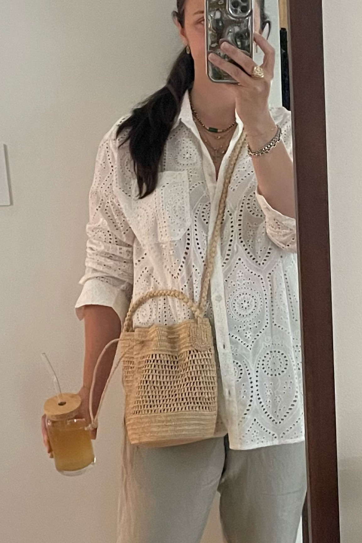 What I wore to mongers // sezane eyelet button down, sezane straw bucket bag 