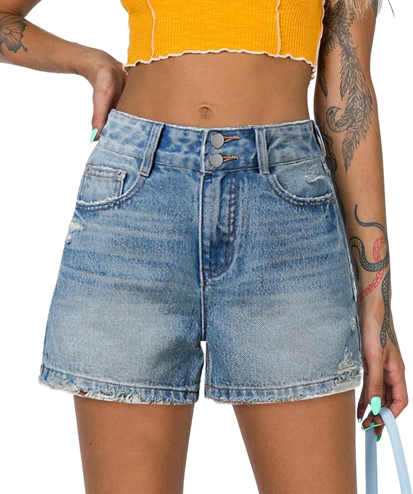 Womens Casual Stretch Denim Jean Shorts with Button Pockets for Summer | Amazon (US)