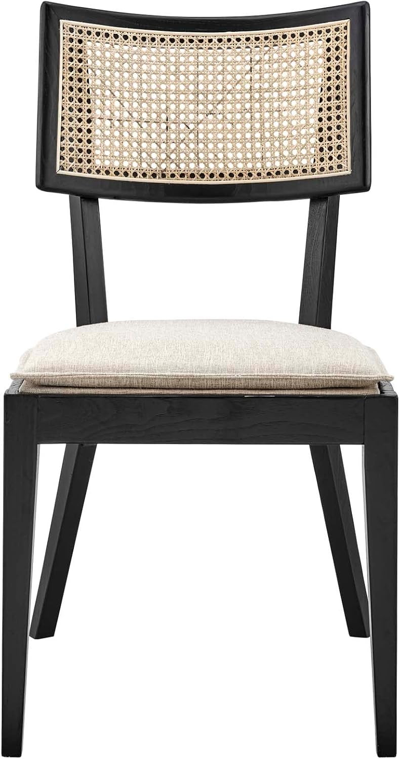 Modway Caledonia Rattan Elm Wood Fabric Dining Chairs in Black/Beige (Set of 2) | Amazon (US)