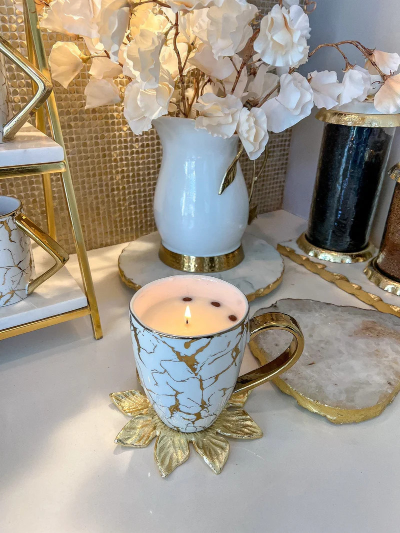 Oversized White & Gold Candle Mug with Marbled Design and Gold Handle (2 Styles) | Inspire Me! Home Decor