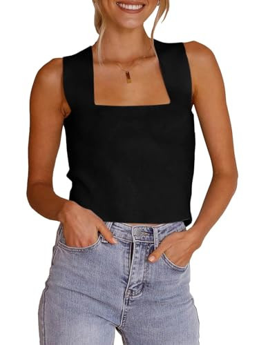 Zwurew Square Neck Tank Top for Women 2025 Casual Summer Knit Sleeveless Sweater Tops for Women Black Tanks | Amazon (US)