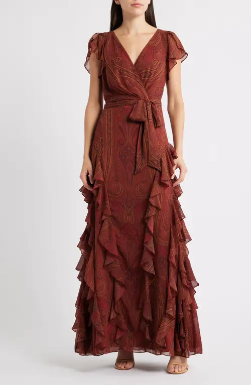 Lauren Ralph Lauren Paisley Ruffle Trim Flutter Sleeve Gown in Red Multi at Nordstrom, Size 10 | Nordstrom