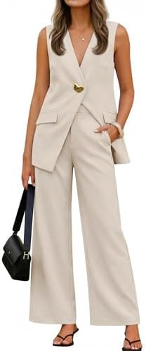 ZESICA Women's 2026 Summer 2 Piece Suit Sets Sleeveless Blazer Vest and Wide Leg Pants Business C... | Amazon (US)
