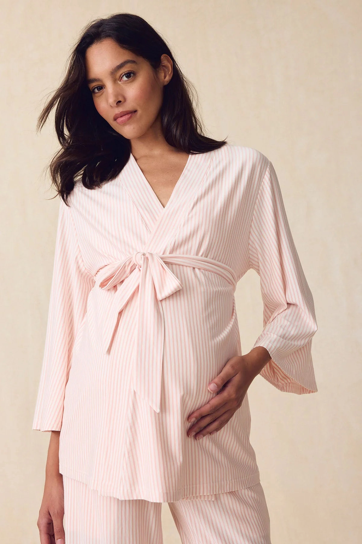 Maternity DreamModal™ Kimono Three-Piece Set in English Rose Pencil Stripe | Lake Pajamas