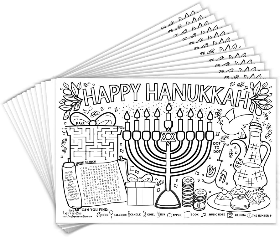 Tiny Expressions – Hanukkah Activity Placemats for Kids – Pack of 12 Disposable Coloring Pape... | Amazon (US)