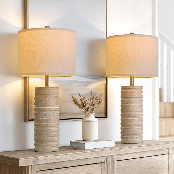 PoKat 27'' Farmhouse Table Lamps Set of 2 for Living Room, Stone-Like Bedside Lamp for Bedroom, B... | Amazon (US)