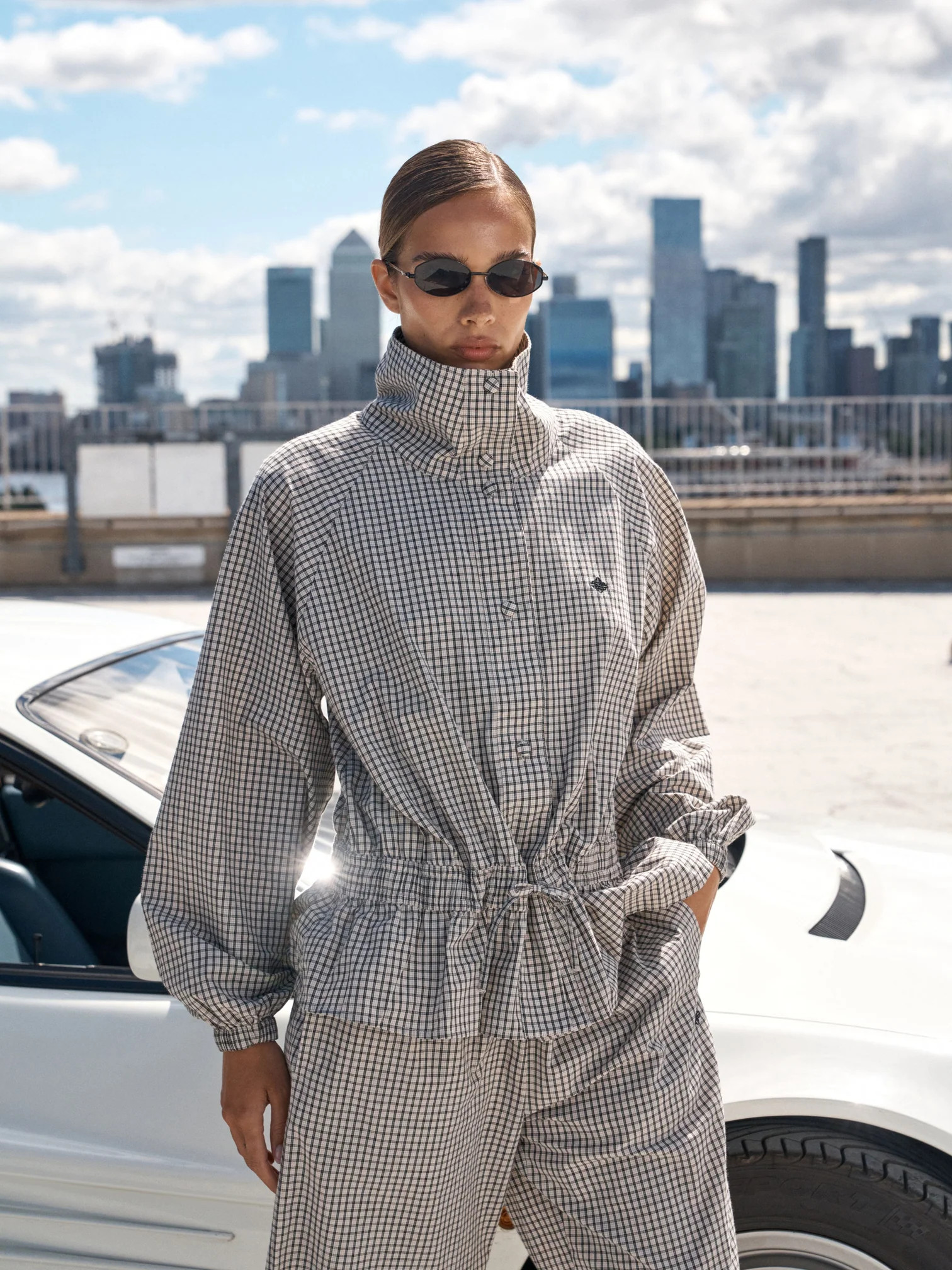 CHECKED DROP WAIST FUNNEL NECK JACKET - OFF WHITE / BLACK | The Couture Club