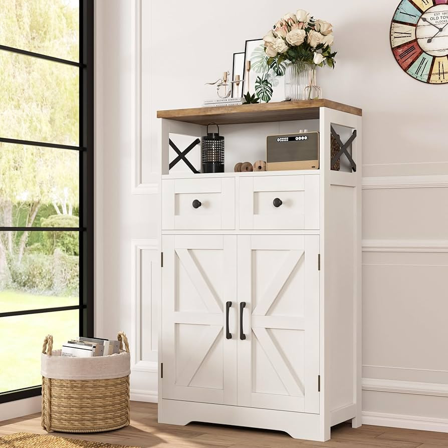 Farmhouse White Storage Cabinet with Doors and Drawers, Freestanding Kitchen Pantry Cabinet, Floo... | Amazon (US)