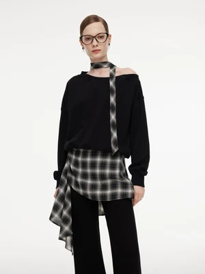 Cotton Scuba One-Shoulder Women Sweatshirt With Plaid Ribbon | GOELIA