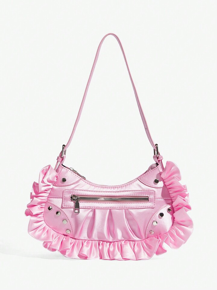 SHEIN ICON Women's Fashionable And Personalized Y2K Pink Lace Motorcycle Style Hobo Shoulder Bag,... | SHEIN