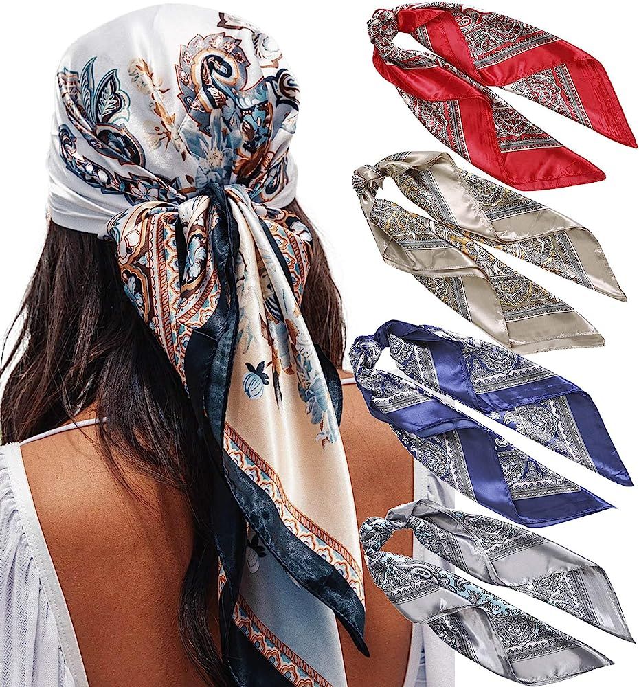 35” Satin Large Square Head Scarves - 4PCS Silk Like Neck Scarf Hair Sleeping Wraps Lightweight... | Amazon (US)