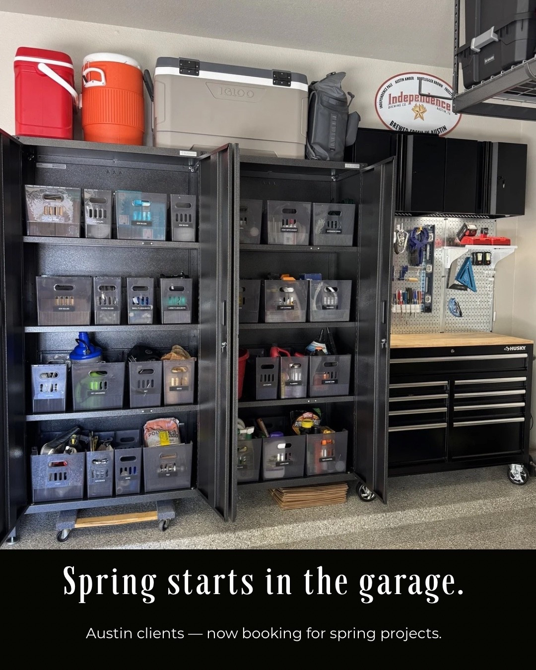 Spring organization starts in the garage. A well-designed garage system with closed cabinets, labeled bins, vertical tool storage, and functional work zones keeps seasonal items, tools, and household supplies organized and easy to access. When everything has a designated home, your garage becomes an extension of your home instead of a catch-all space. All storage solutions used here are linked.

#LTKHome