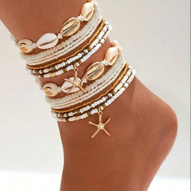 14 Pieces Elegant Simple Rice Bead Shell Starfish Ankle Chain, Women Spring And Summer Daily Beach Beach Vacation Dating Travel | SHEIN