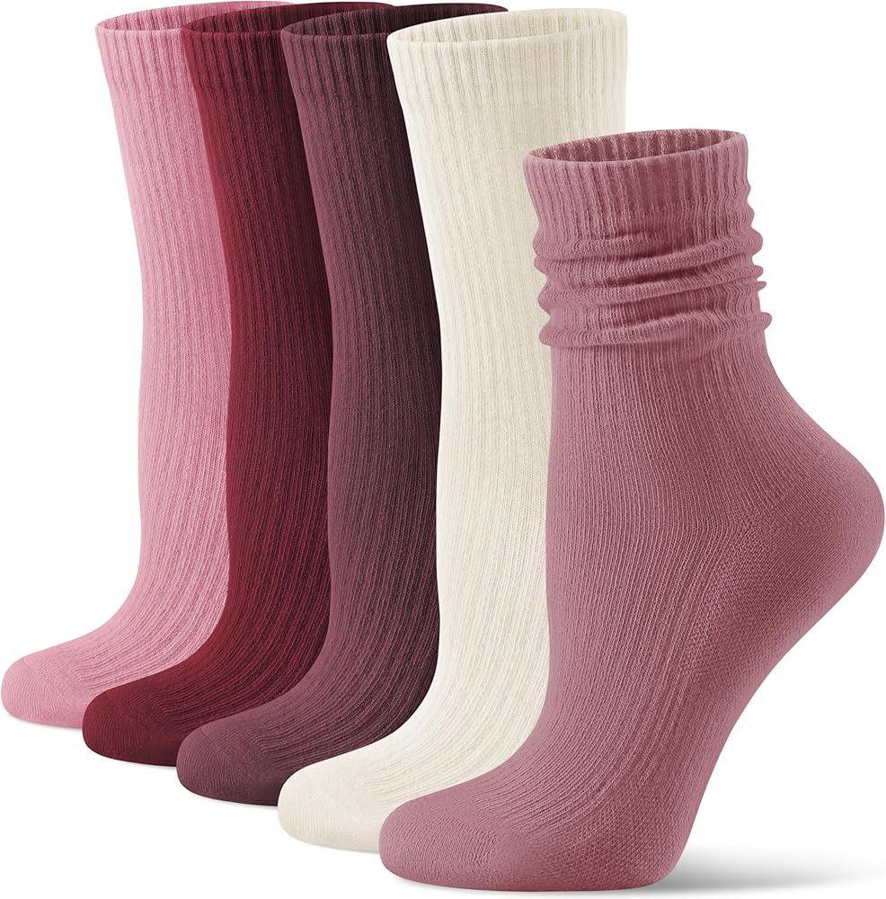 CS CELERSPORT Crew Socks for Women, 5 Pack Retro Cotton Casual Cushioned Slouchy Socks | Amazon (US)