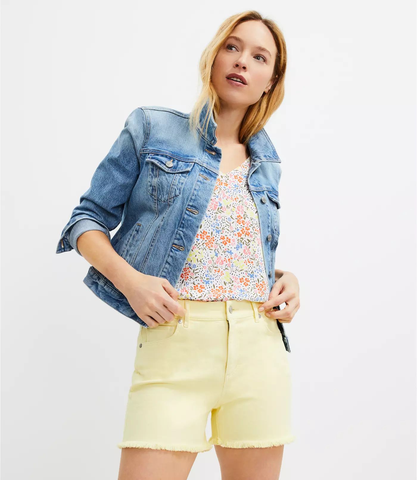 Frayed Denim Cut Off Shorts in True Cornflower | LOFT | LOFT