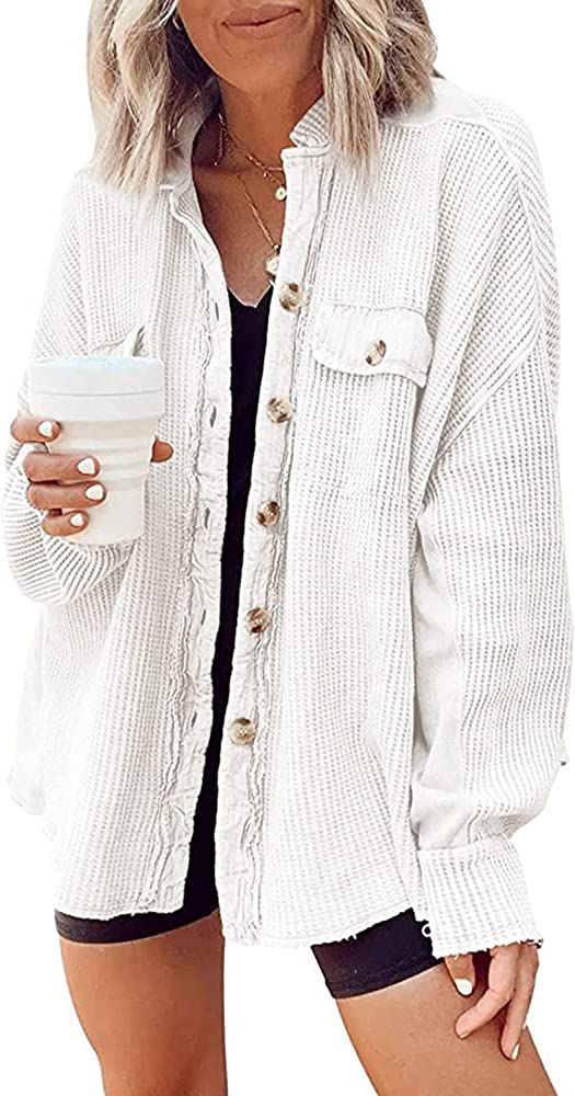 Yanekop Womens Waffle Knit Shacket Boyfriend Shirt Jacket Button Down Blouse Loose Fit Long Sleev... | Amazon (US)