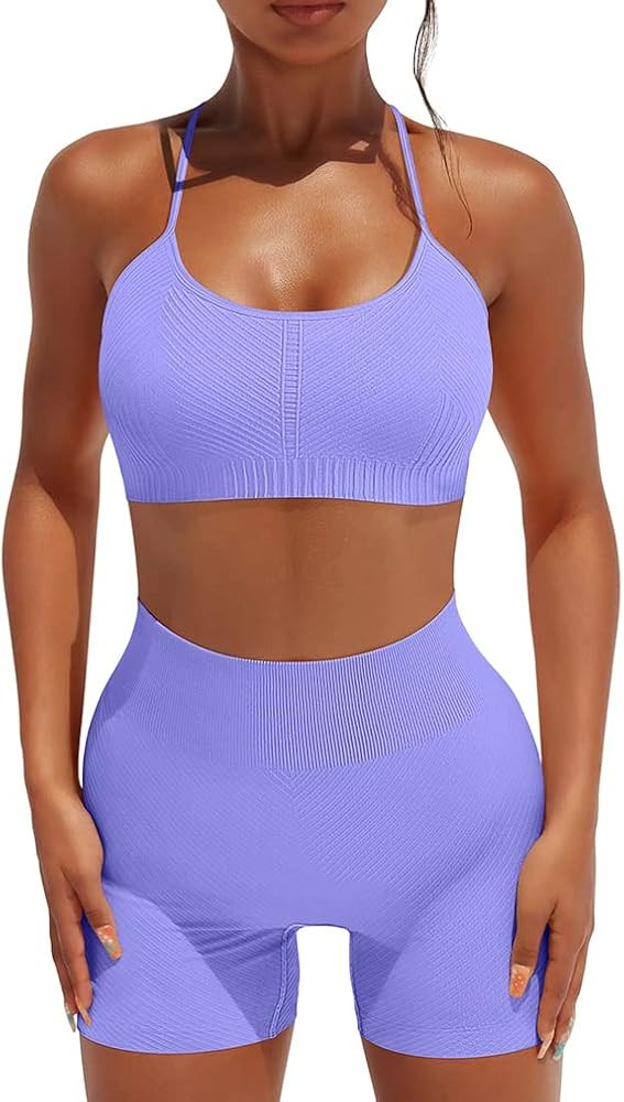 OYS Workout Set for Women 2 Piece Seamless Ribbed Yoga Outfits Active Strappy Bra Gym High Waisted S | Amazon (US)