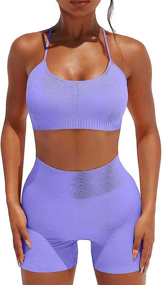 OYS Workout Set for Women 2 Piece Seamless Ribbed Yoga Outfits Active Strappy Bra Gym High Waisted S | Amazon (US)