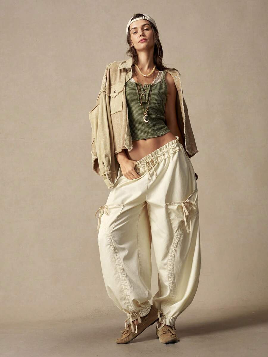 Bohemela Casual Solid Color Woven Loose Fit Women's Long Pants Vacation White Autumn | SHEIN