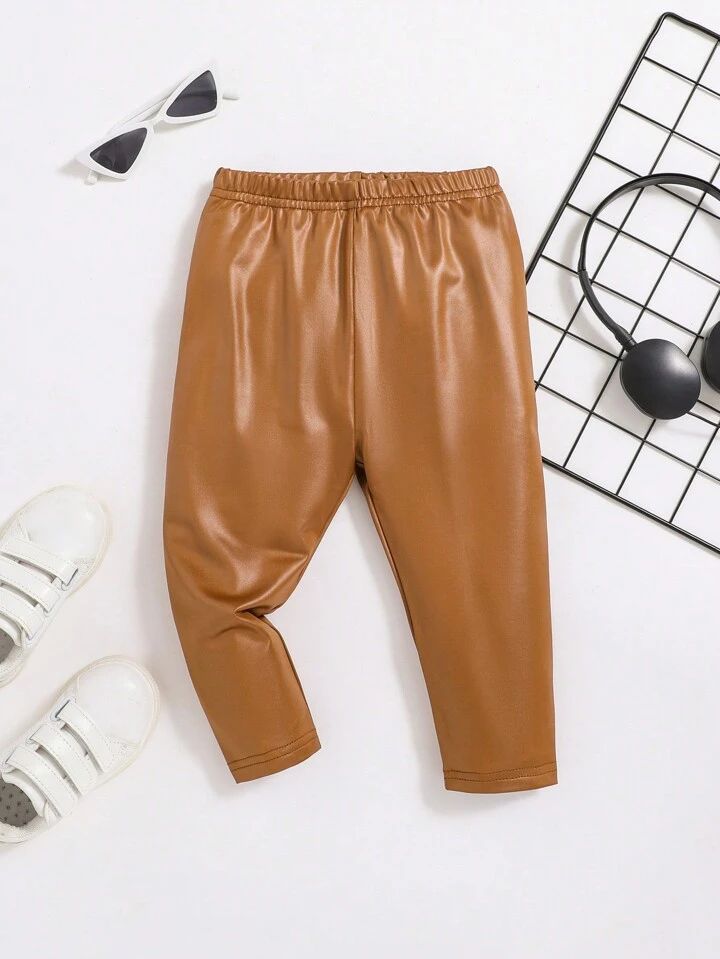 SHEIN Baby Girl Solid PU Leather Pants | SHEIN