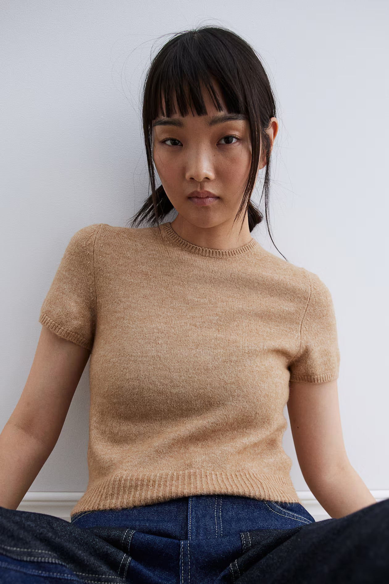 Fine-Knit T-Shirt - Dark beige melange - Ladies | H&M US | H&M (US + CA)