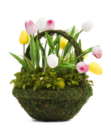 15in Faux Tulips With Easter Eggs In Faux Moss Basket | TJ Maxx