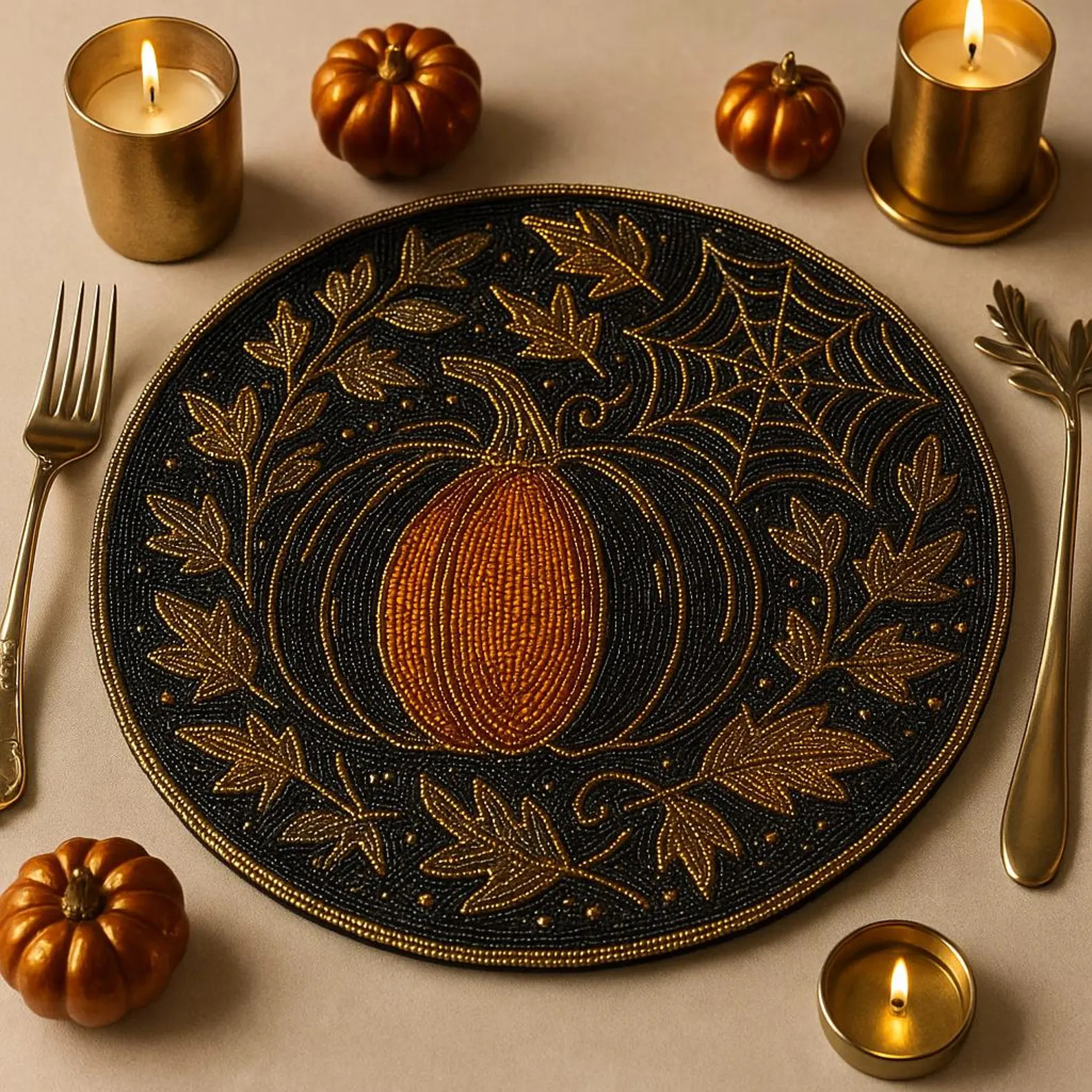 SET OF 2 Halloween Beaded Pumpkin Placemat – Handmade Black & Gold Spiderweb Table Mat for Fall... | Etsy (US)