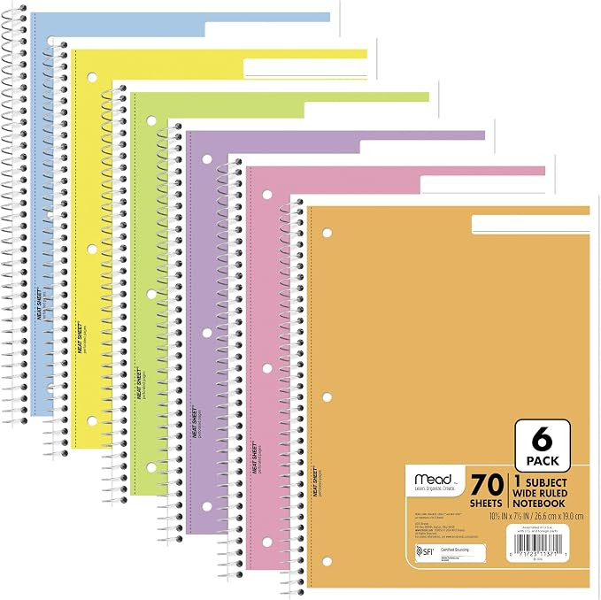Mead Spiral Notebook, 6 Pack, 1 Subject, Wide Ruled Paper, 7-1/2" x 10-1/2", 70 Sheets per Notebo... | Amazon (US)