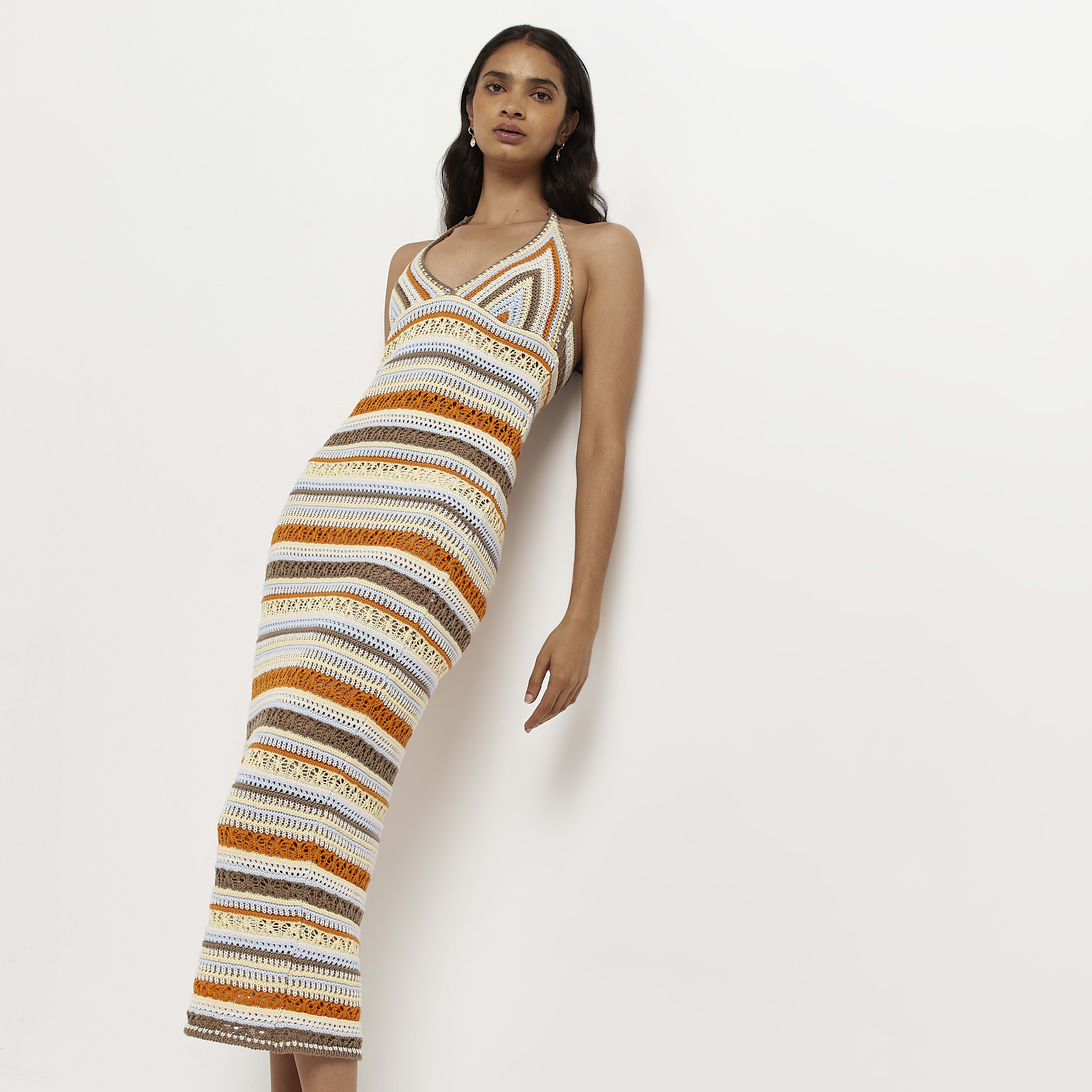 River Island Womens Orange Striped Crochet Midi Dress | River Island (UK & IE)