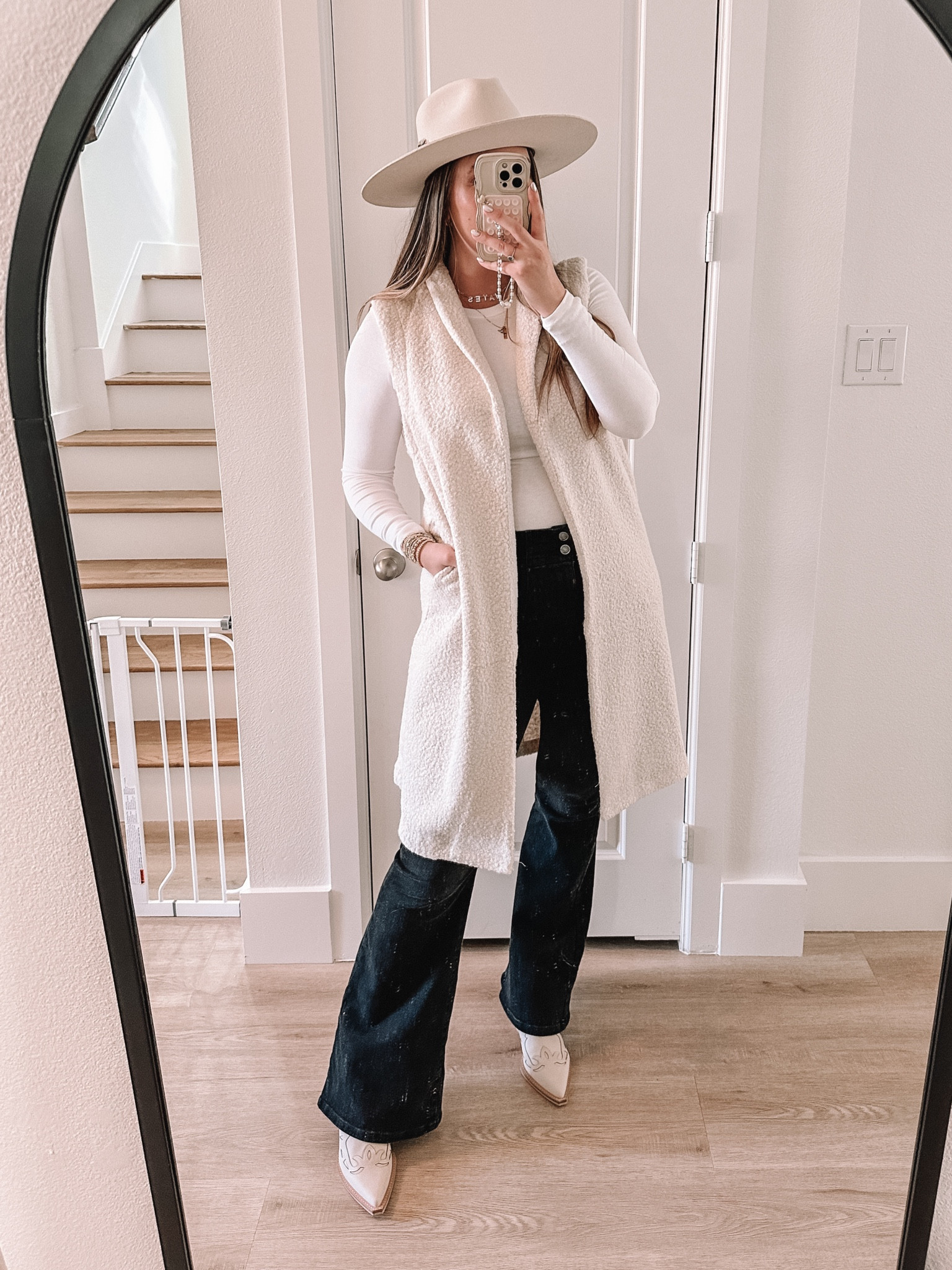 Fall outfit - Sherpa vest is on sale at Anthropologie with code ANTHROBF! Tts L. Size 32 jeans which i feel GREAT in postpartum bc they are so stretchy  

#LTKHoliday #LTKmidsize #LTKCyberWeek