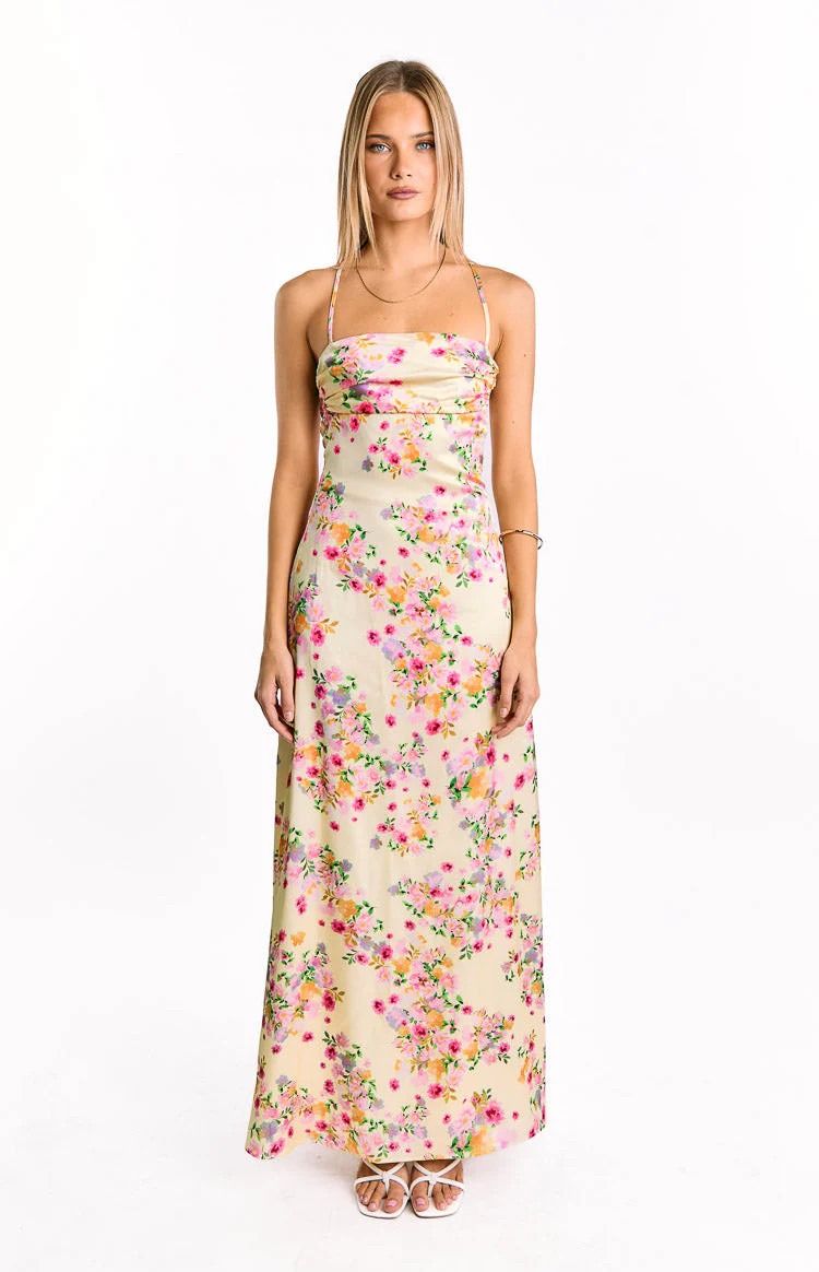 Blaise Yellow Bloom Satin Maxi Dress | Beginning Boutique (US)