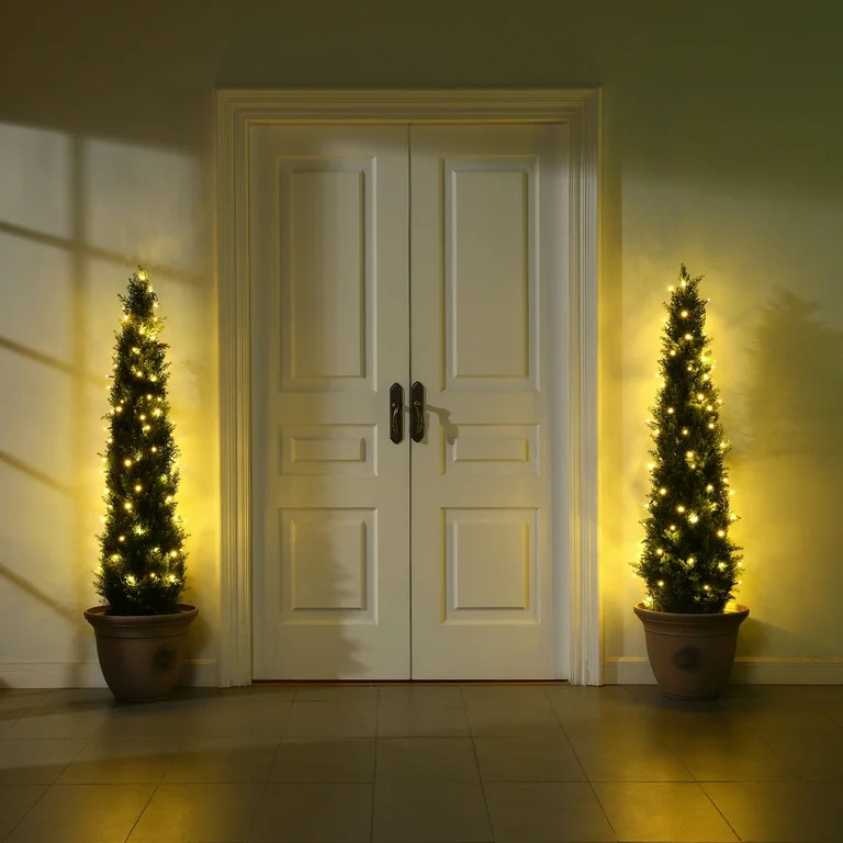 2 Pack 5ft Artificial Cedar Topiary Trees for Outdoors, Fake Cypress Plants with Solar Light Stri... | Walmart (US)