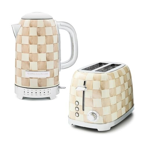 MACKENZIE-CHILDS Stainless-Steel Electric Kettle Bundle with Stainless-Steel 2-Slice Toaster, Brown-and-White Mocha Check | Amazon (US)