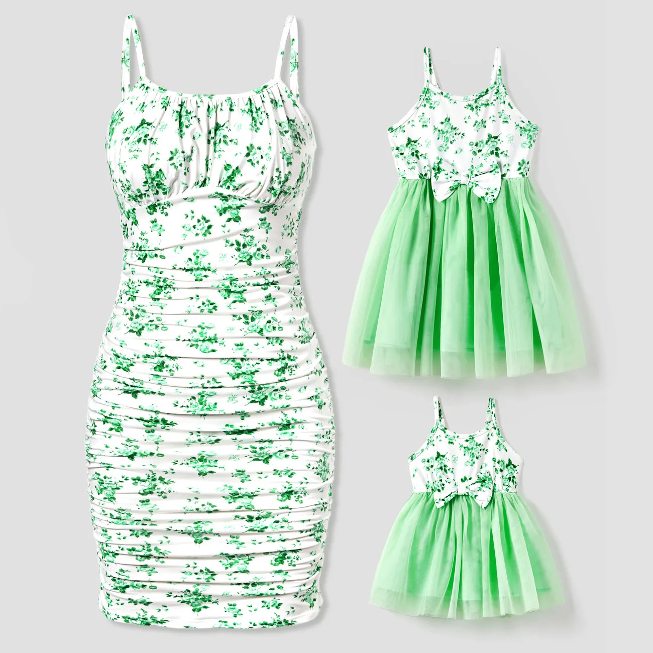 Mommy and Me Green Floral Ruched Bodycon Strap Dress or Spliced Mesh Strap Dress | PatPat