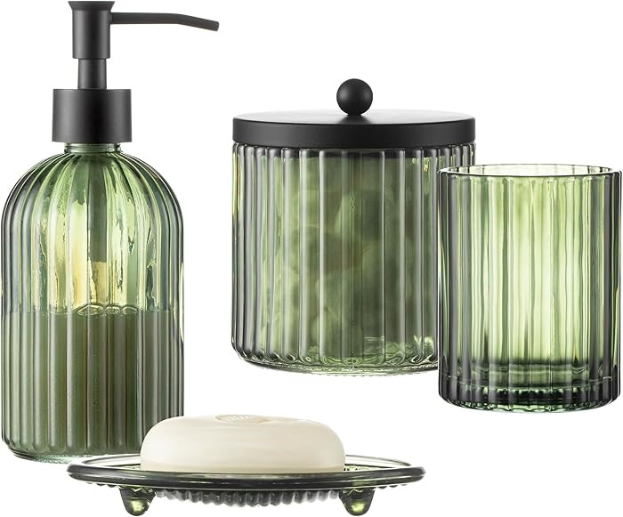 4PCS Olive Green Glass Bathroom Accessories Set, Includes Soap Dispenser, Cotton Jar, Soap Holder... | Amazon (US)