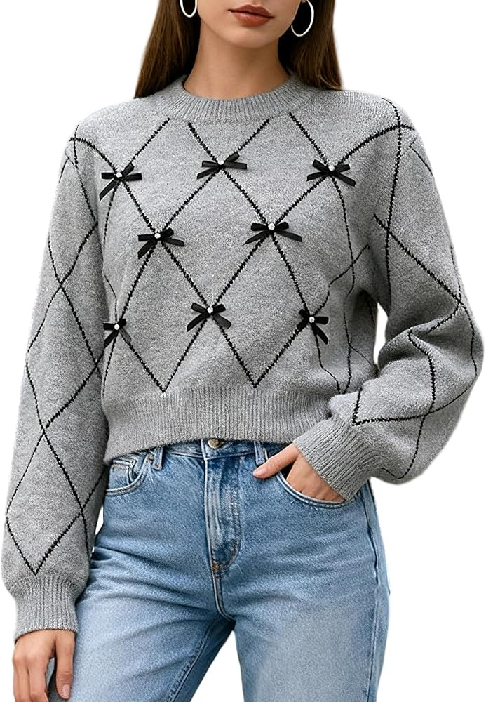 Womens Cute Bow Sweater Fall Drop Shoulder Long Sleeve Crew Neck Knit Sweaters Pullover Jumper To... | Amazon (US)