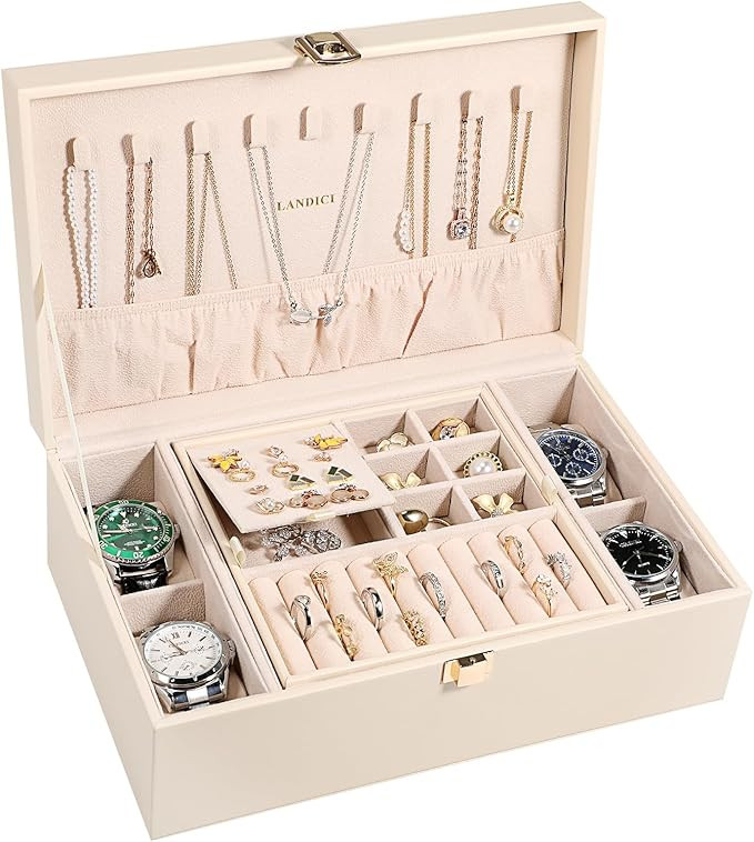 LANDICI Jewelry Box Organizer for Men Women, 2 Layer 4 Slot Watch Storage Case with Removable Tra... | Amazon (US)