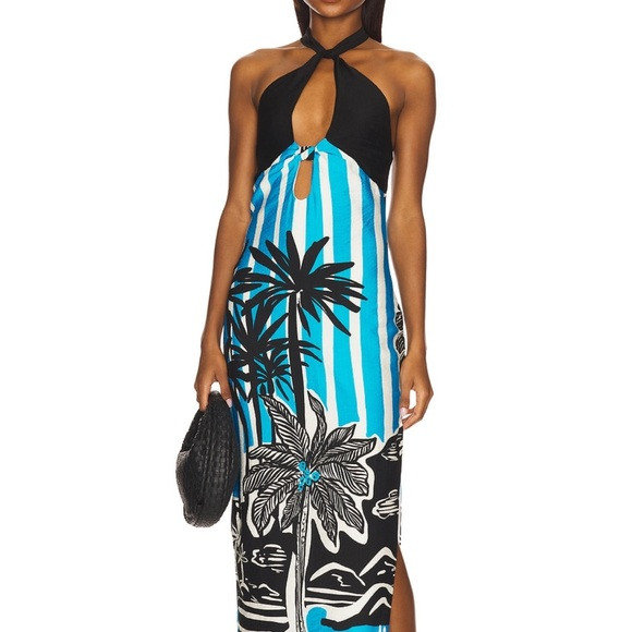 Tropical Black and Blue Halter Midi Dress | Poshmark
