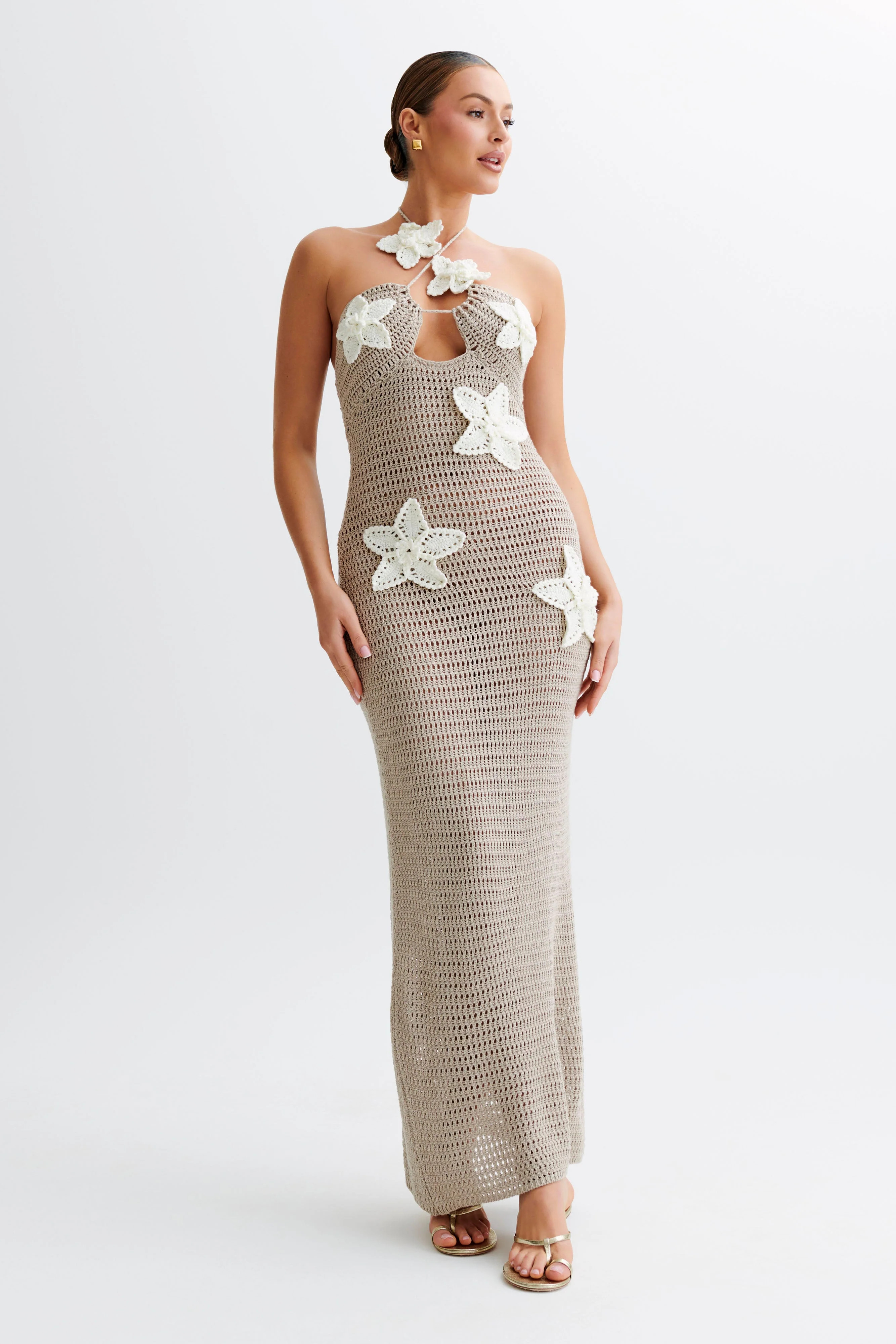 Kyla Floral Crochet Maxi Dress - Taupe/White | MESHKI US