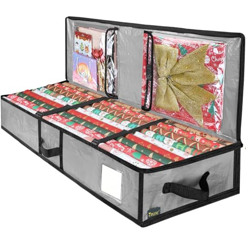 BALEINE SOFT Christmas Wrapping Paper Storage Bag, 40" Durable PE Gift Wrap Storage Bag with Flexible Partitions and Pockets for Ribbon, Accessories (Grey) | Amazon (US)