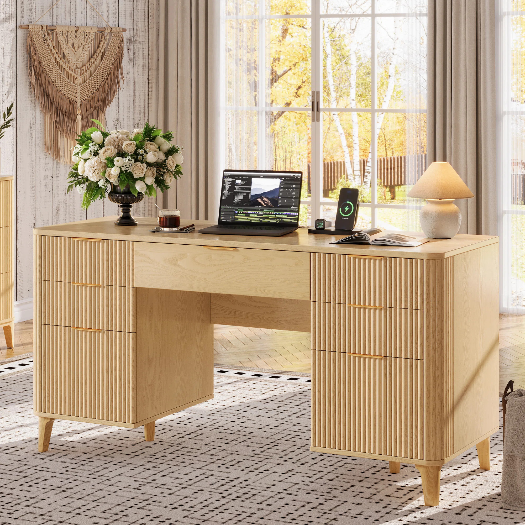55.1" Fluted Executive Desk With Drawers, Home Office Desk With Charging Station | Wayfair North America