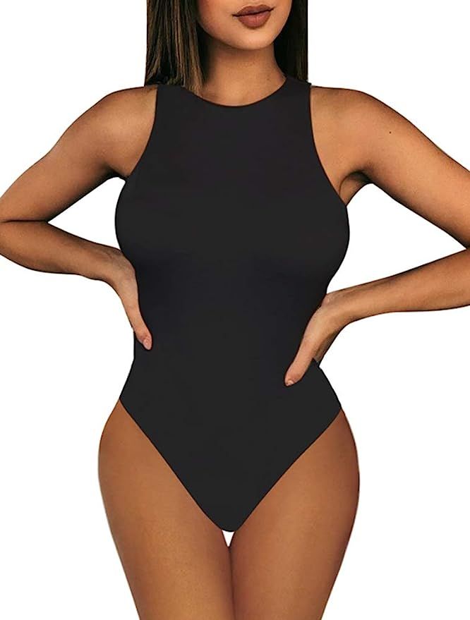 XXTAXN Women's Sexy Basic Sleeveless Round Neck Bodycon one Piece Bodysuit | Amazon (US)