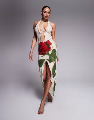 Murci exclusive mesh ruffle halterneck deep plunge front split open back maxi dress in cream rose... | ASOS (Global)