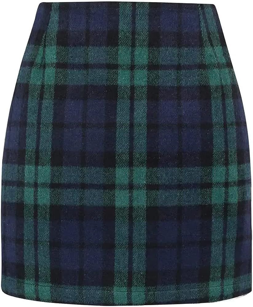 Amazon.com: Wool Mini Plaid Skirts for Women 2022 Fall Winter High Waisted Bodycon Pencil Skirt (... | Amazon (US)