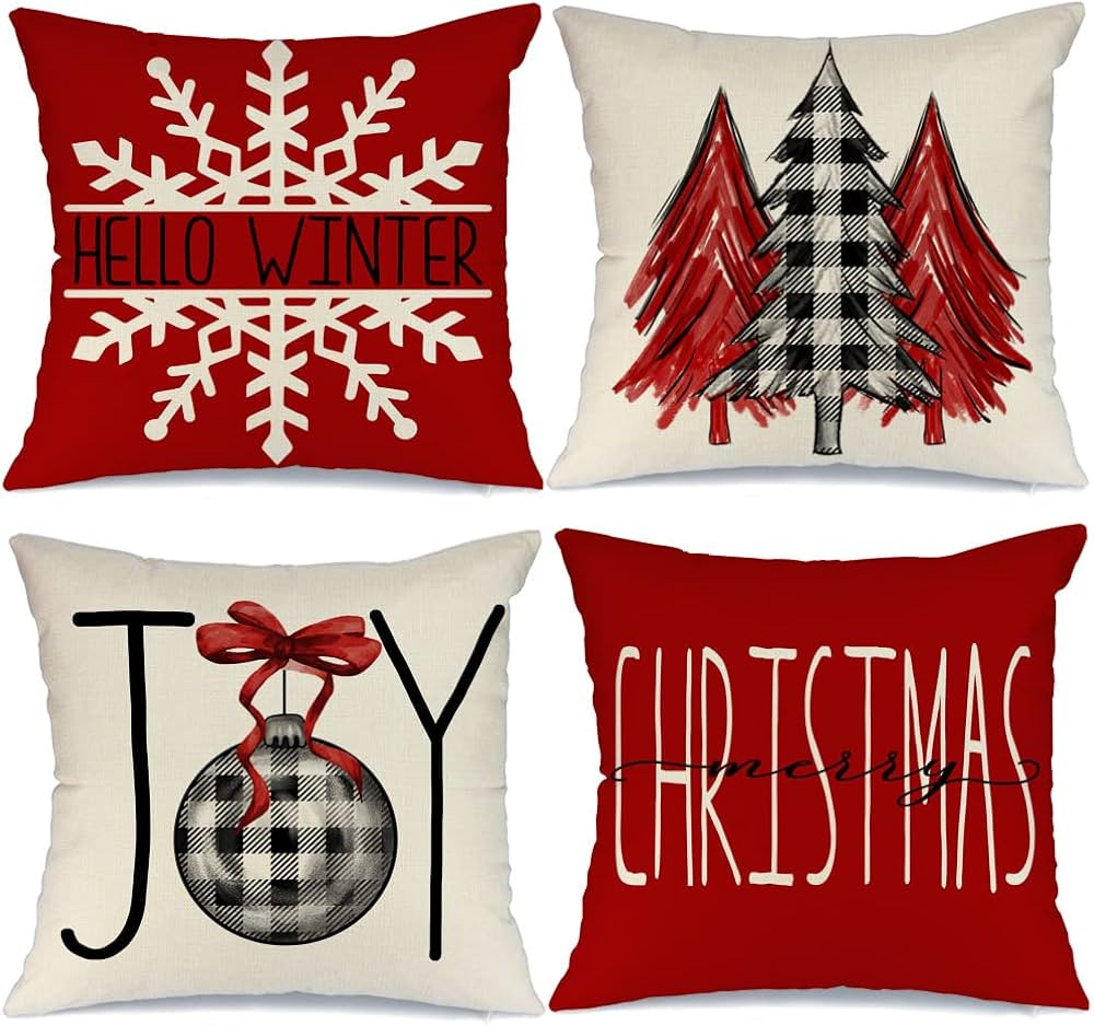 GEEORY Christmas Pillow Covers 18x18 Set of 4 for Xmas Decorations Buffalo Plaid Check Christmas ... | Amazon (US)
