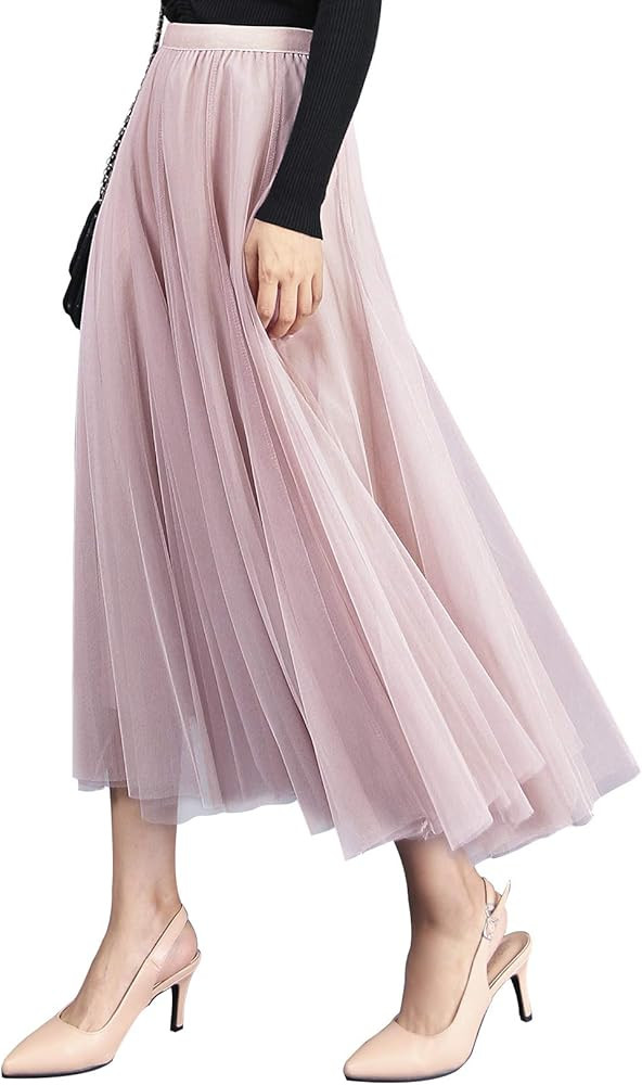 Women Tulle Fairy Skirt Mesh Puffy Tutu Cake A-Line Flared Long Elastic Waist | Amazon (US)